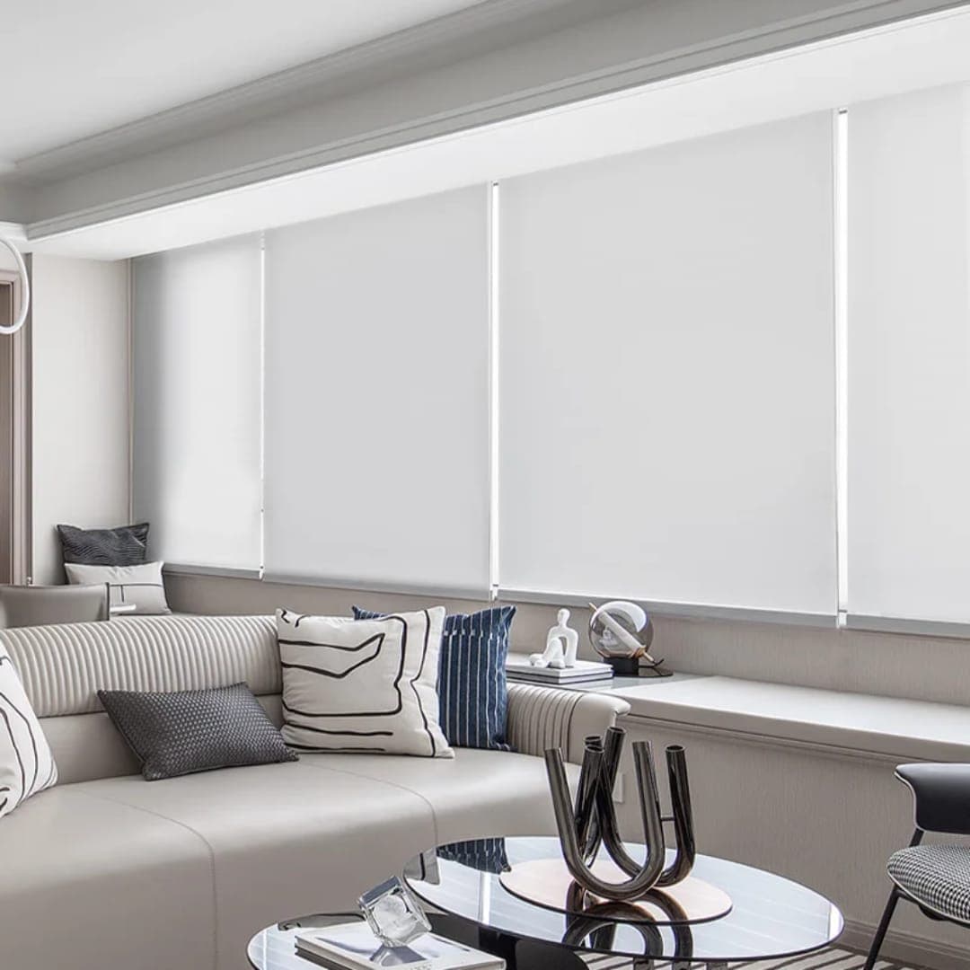 Living modern cu jaluzele rulou albe